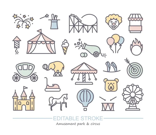 Ikony liniowe z edytowalnym obrysem na temat cyrku i parku rozrywki — Wektor stockowy