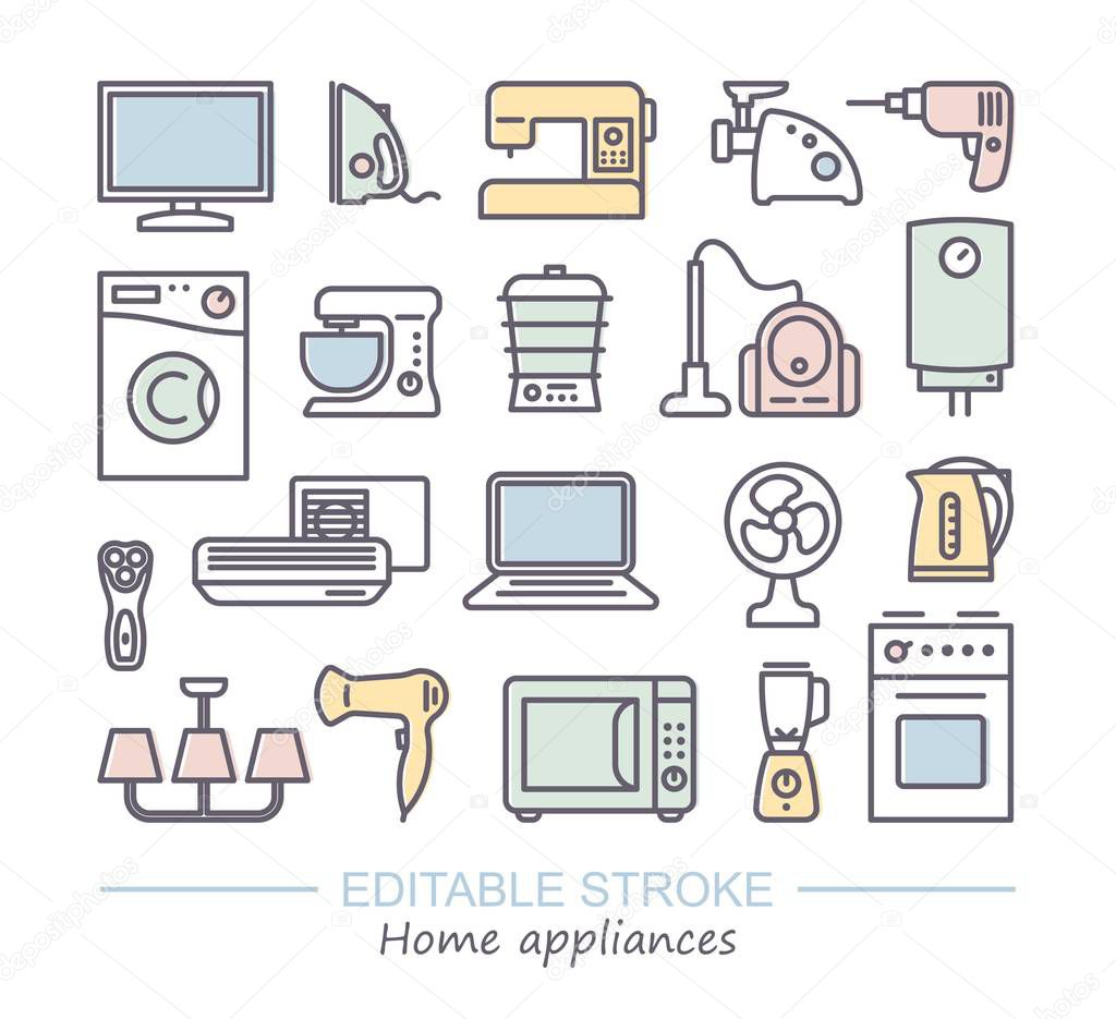 Home appliances linear icon set. Vector illustration with editable stroke