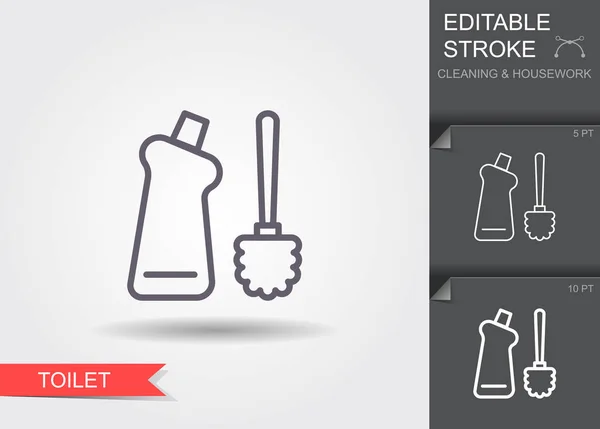 Spazzola e bottiglia con detergente. Icona linea con tratto modificabile con ombra — Vettoriale Stock