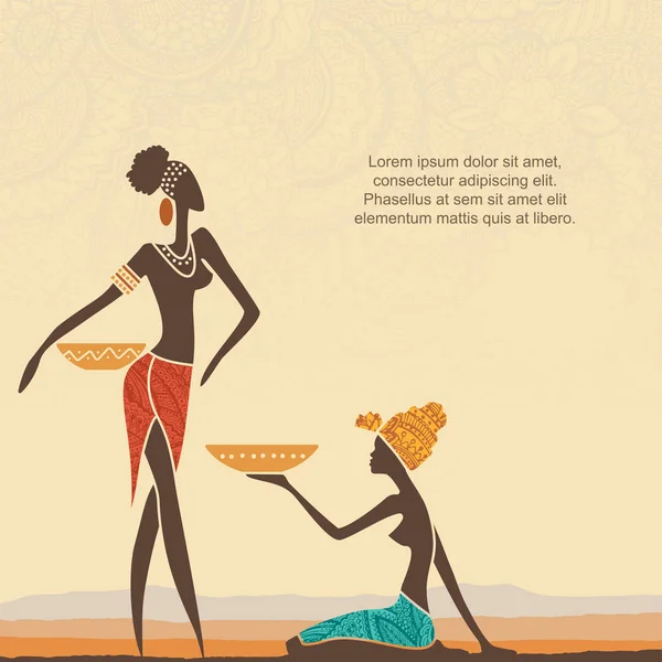 Origine ethnique avec des femmes africaines et paysage africain stylisé — Image vectorielle