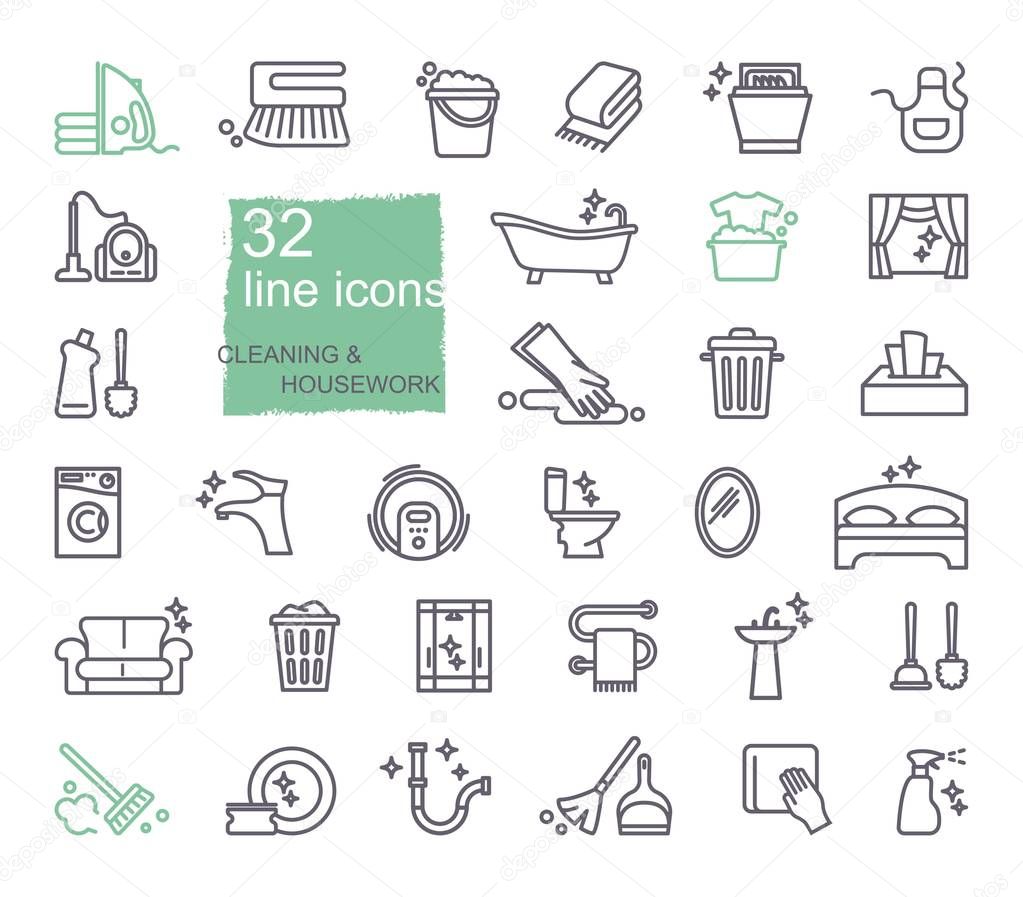 Cleaning and housework Icons, flat design, thin line style