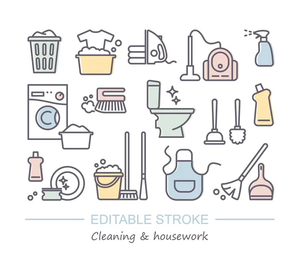 Putz- und Hausarbeit-Symbole mit editierbarem Strich — Stockvektor