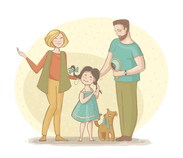 Illustration av en familj av mamma pappa, flicka och hund — Stock vektor