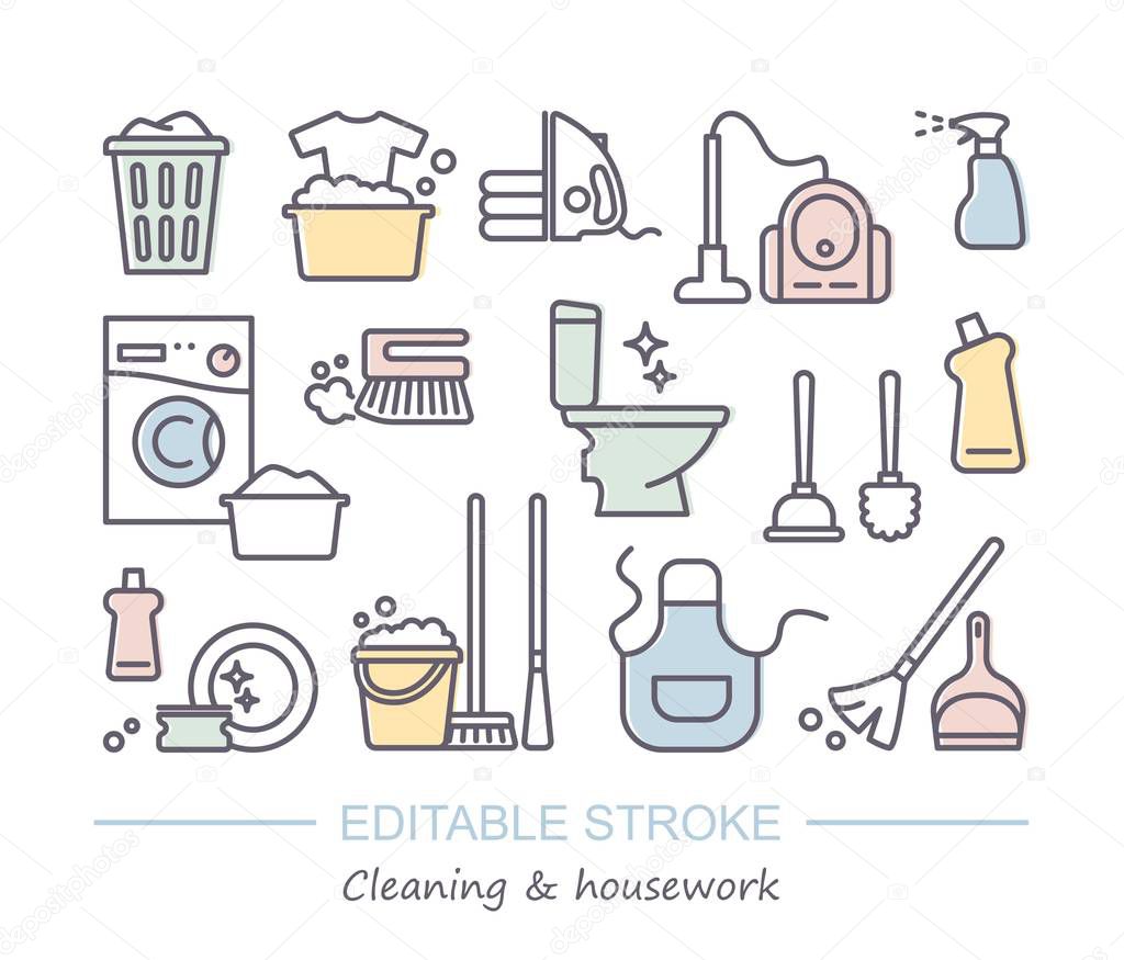 Cleaning and housework Icons with editable stroke