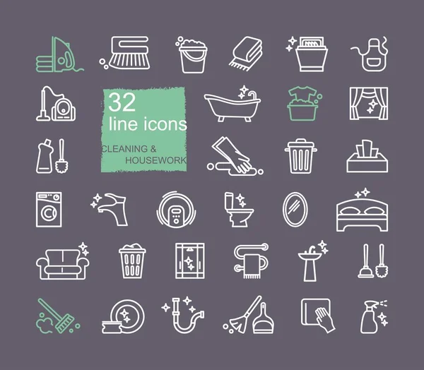 Limpieza y tareas domésticas Iconos, diseño plano, estilo de línea delgada — Archivo Imágenes Vectoriales