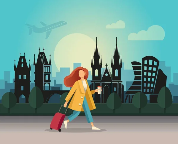 Bir bavul ile bir kız ve Prag soyut bir manzara arka plan üzerinde yürüyüş — Stok Vektör