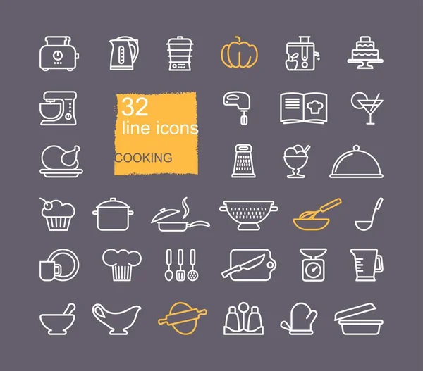 Koken en keuken icon set, plat ontwerp, dunne lijnstijl — Stockvector