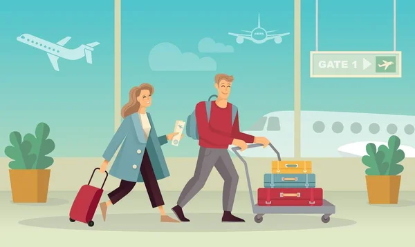 Pareja joven con equipaje en el aeropuerto. Imagen de vector plano — Archivo Imágenes Vectoriales