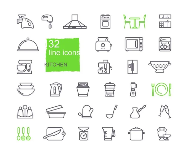 Conjunto de iconos de cocina, diseño plano, estilo de línea delgada — Vector de stock