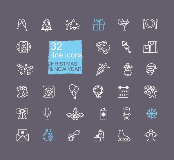 Símbolos de Navidad y Año Nuevo. Iconos lineales — Vector de stock