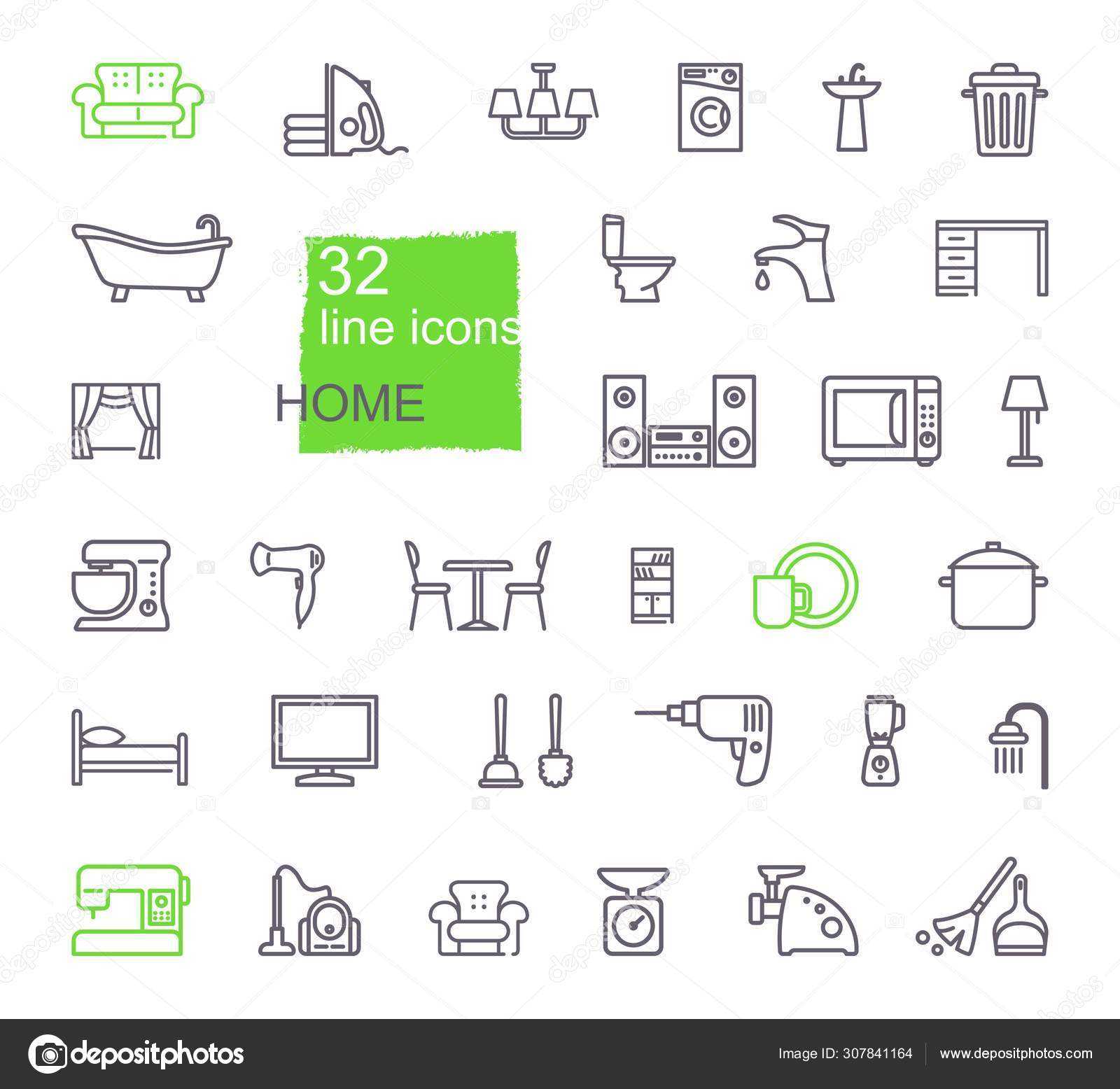 Linear icons of household items. Furniture, appliances, kitchen ...