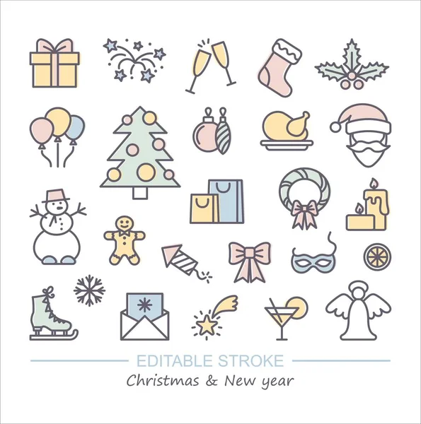Símbolos de Natal e Ano Novo. Ícones lineares com curso editável — Vetor de Stock