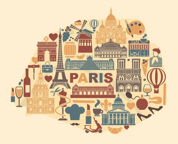 Векторний стилізована карта Парижа з визначними пам'ятками та символами Франції — стоковий вектор