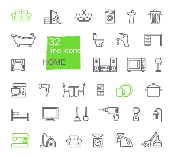 Iconos lineales de artículos para el hogar. Muebles, electrodomésticos, utensilios de cocina — Vector de stock