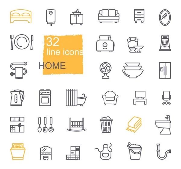 Iconos lineales de artículos para el hogar. Muebles, electrodomésticos, utensilios de cocina — Vector de stock