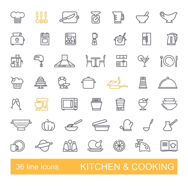 Кухня и кухонный набор икон, плоский дизайн, тонкий стиль линии — стоковый вектор
