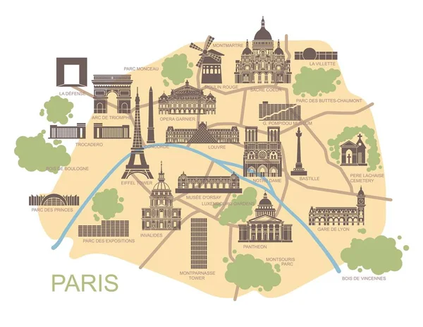 Carte stylisée de Paris avec les principales attractions touristiques — Image vectorielle