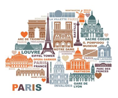 Fransa'nın simge leri ve sembolleri ile Paris Vektör stilize harita