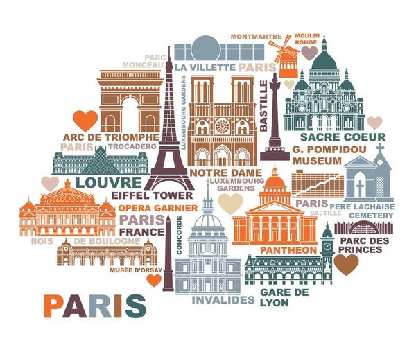 Vektor stilizált térképe Párizs nevezetességeitől és szimbólumainak Franciaország — Stock Vector