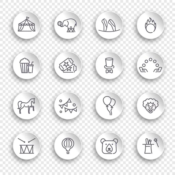 Circus icons in linear style on the round white stickers with transparent shadow