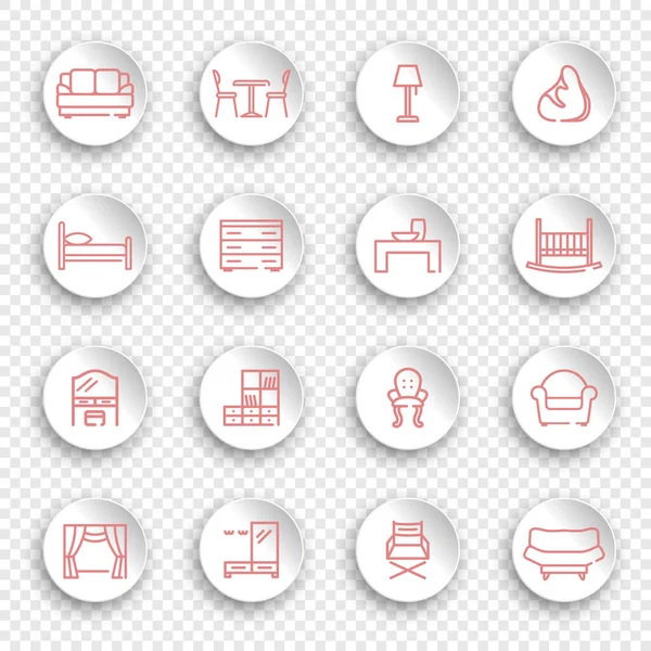 Iconos de muebles lineales en pegatinas redondas con sombras transparentes — Vector de stock