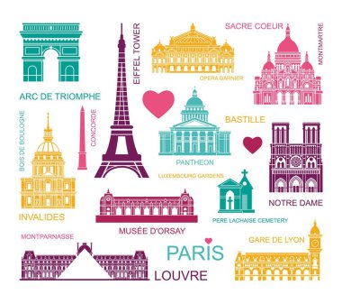 Paris 'in mimari ve tarihi manzaraları. Renk yüksek kaliteli simgeler kümesi