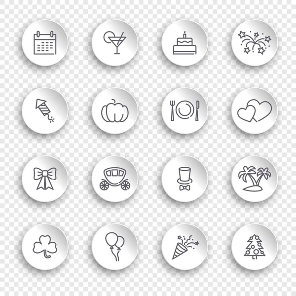 Linear icons of holidays on white stickers with transparent shadows — Stockvector