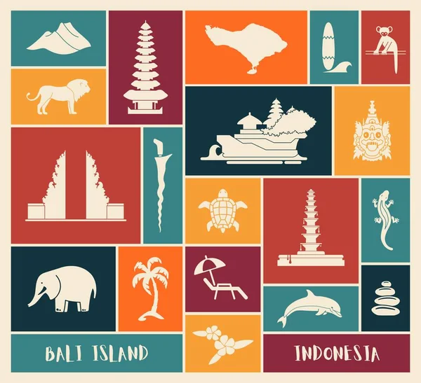 Bali, conjunto de iconos de Indonesia. Atracciones, diseño plano. Turismo en Bali, ilustración vectorial aislada. Símbolos tradicionales — Vector de stock