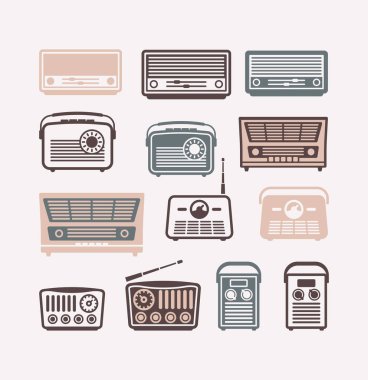 Retro radyo vektör simgeleri. Düz çizimler kümesi