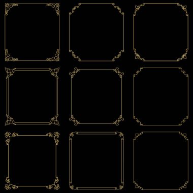 Siyah arka plan üzerinde şık altın ince çerçeveler kümesi 