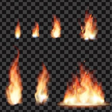 Şeffaf arka planda yanan gerçekçi yangın alevleri seti
