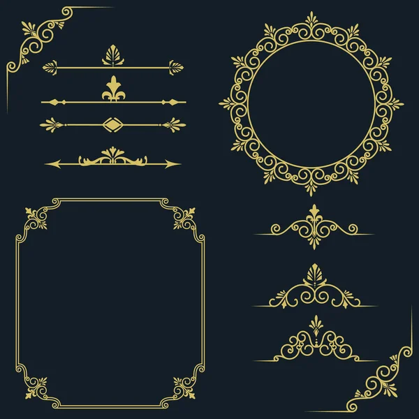 Набор Стильных Золотых Элементов Рамы Черном Фоне — стоковый вектор