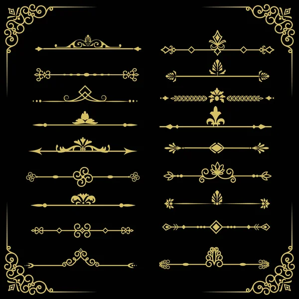 Set Stylish Golden Frame Elements Black Background — Stock Vector