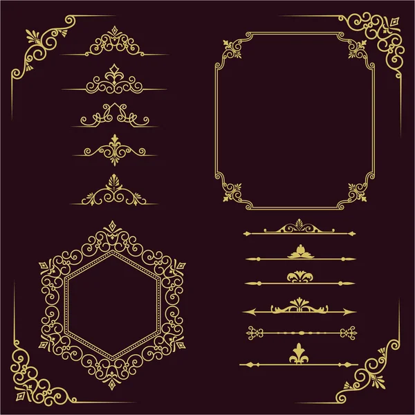 黑色背景上的时尚金色框架元素集 — 图库矢量图片