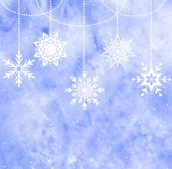 Λευκές Διακοσμητικές Χιονονιφάδες Μπλε Φόντο Υδατογραφιας — Διανυσματικό Αρχείο