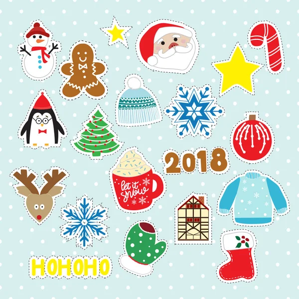 Set Van Cartoon Kerst Stickers Blauwe Gestippelde Achtergrond — Stockvector