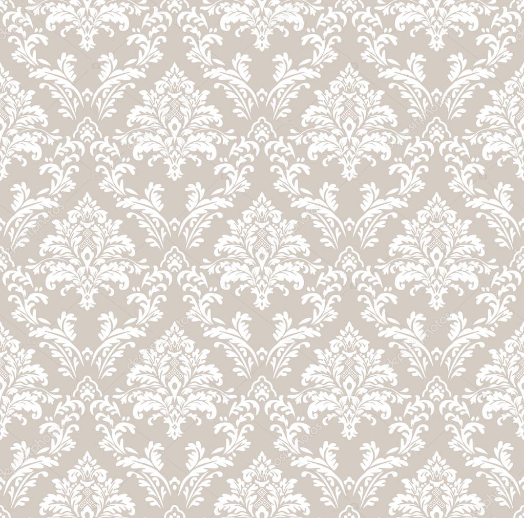 Seamless pattern with filigree curly damask ornament on beige background