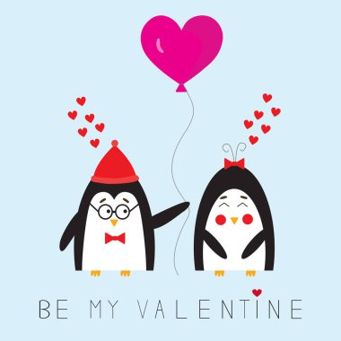 Mavi arka plan, sevgililer günü kartı romantik penguenler çift 