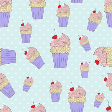 Noktalı mavi arka plan üzerinde tatlı cupcakes ile Dikişsiz desen