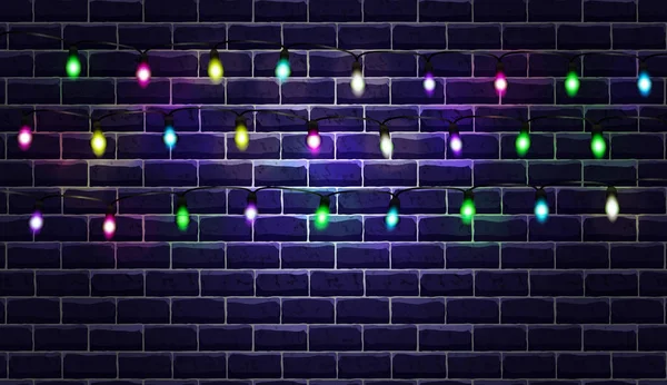 Set Glowing Garlands Dark Blue Brick Wall Background — Stock Vector