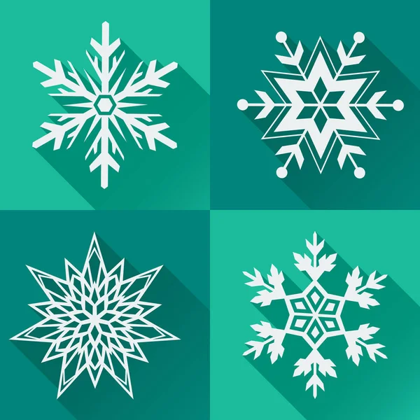 Set White Snowflakes Green Background — Stock Vector