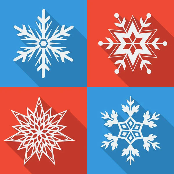 Set Weißer Schneeflocken Auf Rotem Und Blauem Hintergrund — Stockvektor