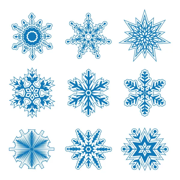 Aantal Blauwe Sneeuwvlokken Geïsoleerd Witte Achtergrond — Stockvector