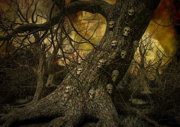 Close-up of a tree full of skulls on it.