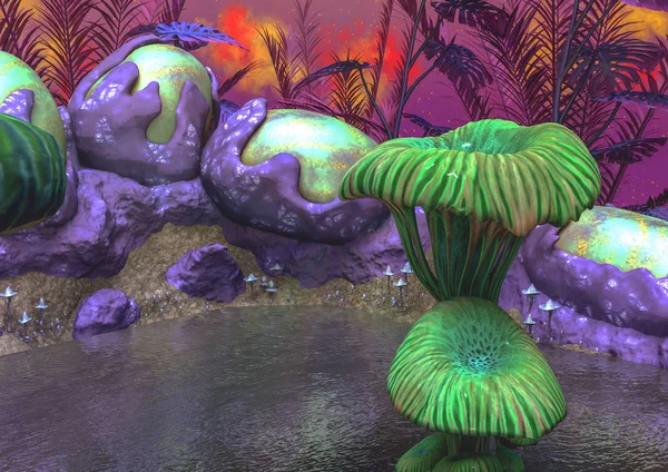 幻想湖与绿色蘑菇 奇怪的植物和蛋 — 图库照片