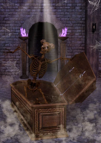 Esqueleto Espeluznante Con Cuernos Levantándose Ataúd — Foto de Stock