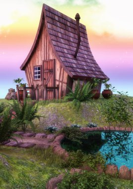 Peri masalı küçük bir göl olan renkli ev.