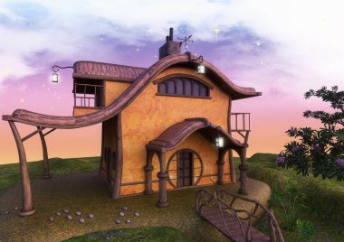 Fairytale fabrika fenerler ve bir köprü ile. 