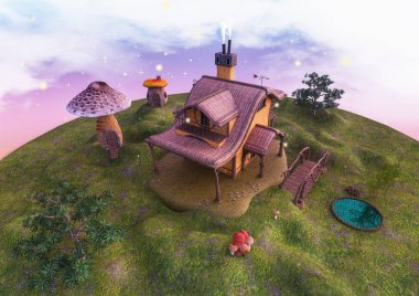 Masal arazi bir fantezi fabrika ve mantar ev, ağaçlar ve küçük bir göl.