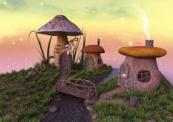 Casas Cogumelos Conto Fadas Com Uma Pequena Ponte — Fotografia de Stock